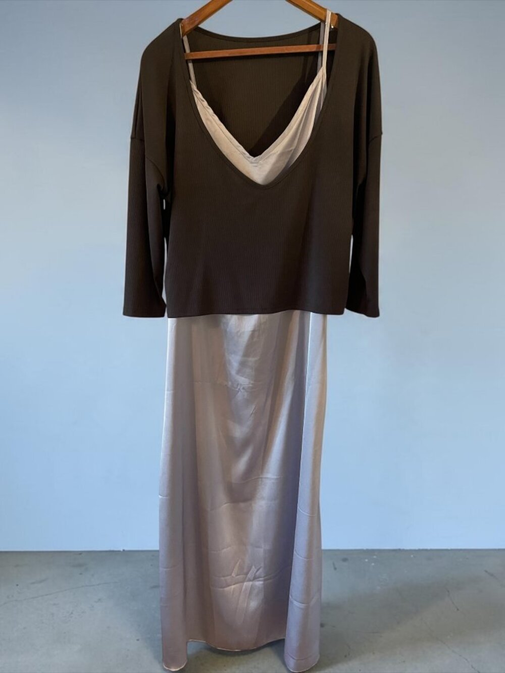 NWOT Chic 2-Piece Satin Slip Dress Knit Cropped Sweater Set XL Cozy Layering